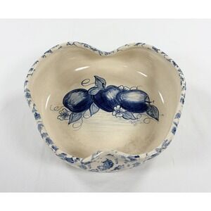 Vintage Ellis Pottery Marshall TX Apple Shaped Bowl Blue Spongeware Hand Painted